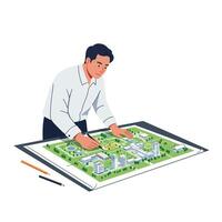 Man analyzing architectural layout with detailed elements in flat art vector