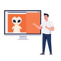 Man presenting digital alien image on computer screen in flat art vector