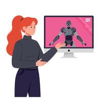 Woman presenting robotic technology on computer screen in flat art vector