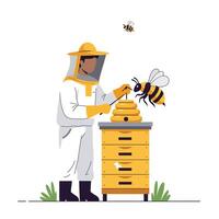 Beekeeper tending hive in flat style art with honey and bees vector