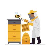 Beekeeper tending to hive with honeycomb in flat illustration vector