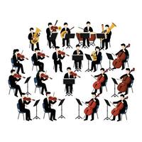 Orchestra performance with musicians playing various instruments in flat art vector