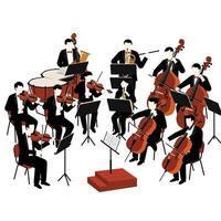 Orchestra performance in flat design style featuring musicians and instruments art vector