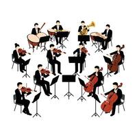 Orchestra musicians performing in a circular arrangement in flat art vector