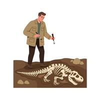 Archaeologist examining dinosaur fossil in flat art style with detailed elements and natural colors illustration vector