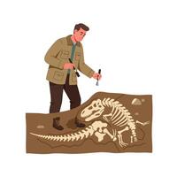 Paleontologist uncovering dinosaur fossils in detailed flat illustration vector