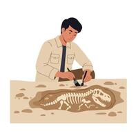 Paleontologist Excavating Fossil in Detailed Flat Art Style vector
