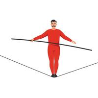 Tightrope walker in red outfit performing balanced act in flat art vector