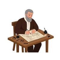 Elderly man sketching on parchment with tools in flat art vector