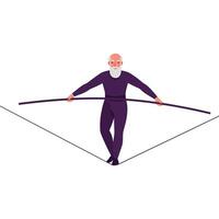 Senior man balancing on tightrope in minimal art style illustration vector