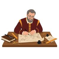 Elderly man drawing a map at a wooden table in flat art vector
