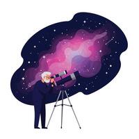 Astronomer observing stars through telescope in flat art style vector
