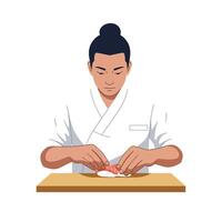 Sushi chef preparing sushi with precision in flat art style vector