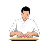 Sushi chef preparing fresh sushi rolls in flat style art vector