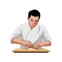 Sushi chef preparing a delicate sushi roll in flat art vector