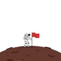Astronaut planting red flag on lunar surface in flat art vector