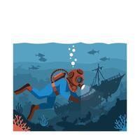 Deep sea diver exploring shipwreck in flat art style vector