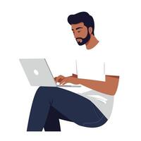 Young man using laptop in a modern workspace flat art vector