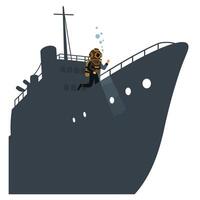 Diver exploring shipwreck in flat design with bubbles and details in illustration vector