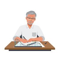 Senior man sketching roller coaster design in flat, minimal illustration vector