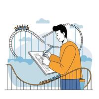 Roller coaster designer sketching plans in flat art style with amusement park elements illustration vector