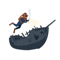 Diver exploring sunken ship in flat design art vector