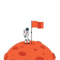 Astronaut standing on red planet with flag in flat art style illustration vector