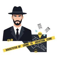 Detective in formal attire with evidence and documents in flat art vector