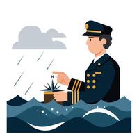 Captain in Stormy Seas with Compass and Plant in Flat Art vector