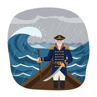 Captain standing on a boat facing stormy seas in flat art vector