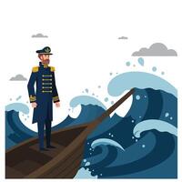 Captain navigating stormy seas in flat art style with waves and clouds vector