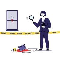 Detective examining crime scene with broken window in flat art vector