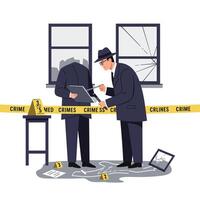 Detectives investigating a crime scene in detailed flat art vector
