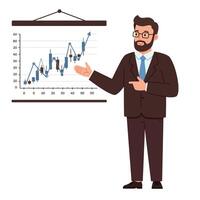 Businessman presenting a growth chart in a flat and minimal illustration vector