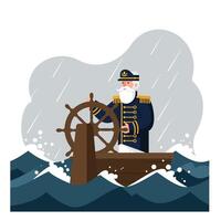 Captain navigating stormy seas with ship wheel in flat art vector