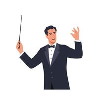 Conductor leading orchestra with expressive hand gestures in flat art vector