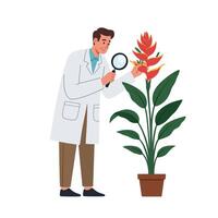 Scientist examining colorful flower using magnifying glass in flat art vector