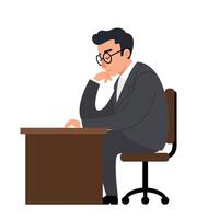 Thoughtful businessman pondering ideas while working at desk in flat art vector