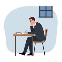 Man sitting at a desk writing notes in a minimal illustration vector