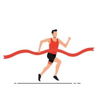 Runner crossing finish line with red ribbon in flat art vector