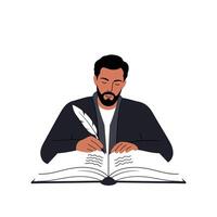 Man writing in a book with a quill in flat art style vector