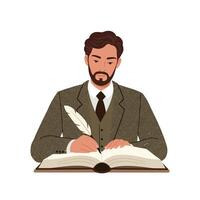 Man in suit writing in a book with a feather pen, minimal art vector