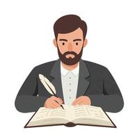 Man writing in a book with a quill pen in flat art vector