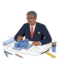 Architect designing modern building in flat illustration style with tools and blueprints art vector