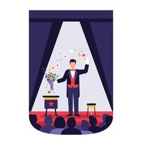 Magician performing tricks on stage with colorful confetti in flat art vector