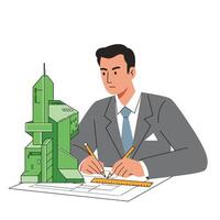 Architect designing a modern building in flat art style vector