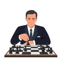 Man in suit playing chess with black pieces in minimal flat art vector