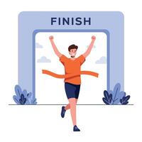 Runner crossing finish line with joyful expression in flat art vector