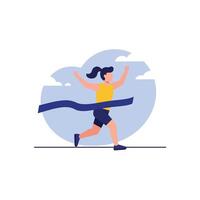 Runner crossing finish line with victory pose in flat art vector