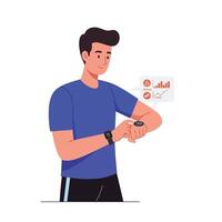 Man checking smartwatch with health data in flat and colorful art vector